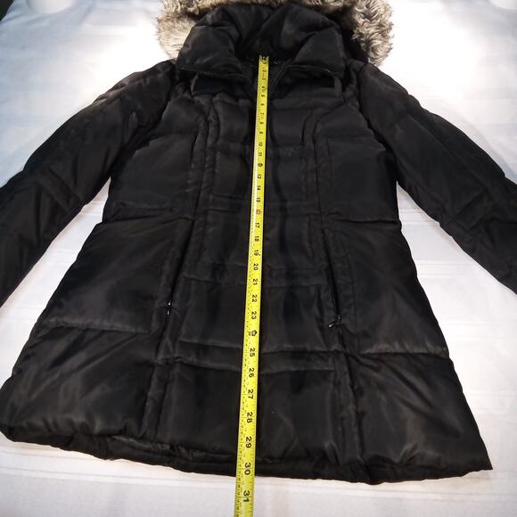 Jones New York Puffer Coat Women 8 Black Hooded Jacket Faux Fur Trim - Picture 5 of 7